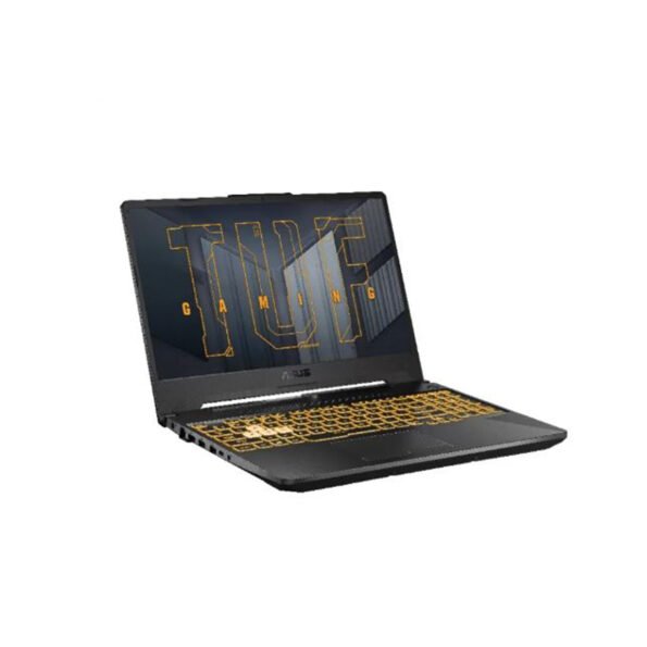 Angled front view of the ASUS TUF FX507ZC4-HN002\3W gaming laptop with the screen open, displaying a "TUF Gaming" logo and illuminated keyboard