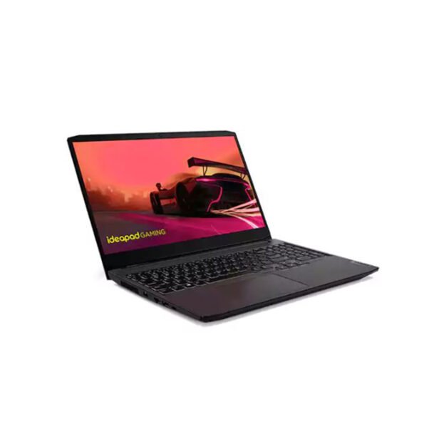 Front angled view of the Lenovo Ideapad 3 Gaming laptop showcasing its slim design and vibrant display with gaming visuals