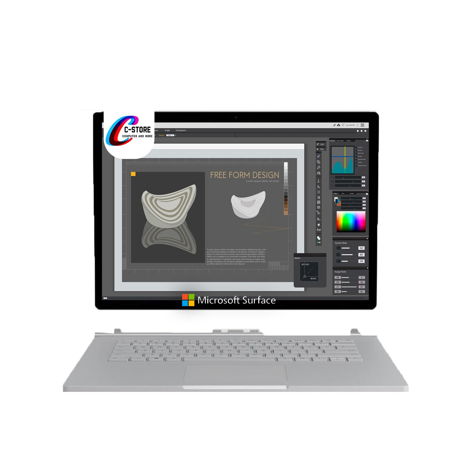 "Microsoft Surface Book 2 showcasing graphic design software on the screen