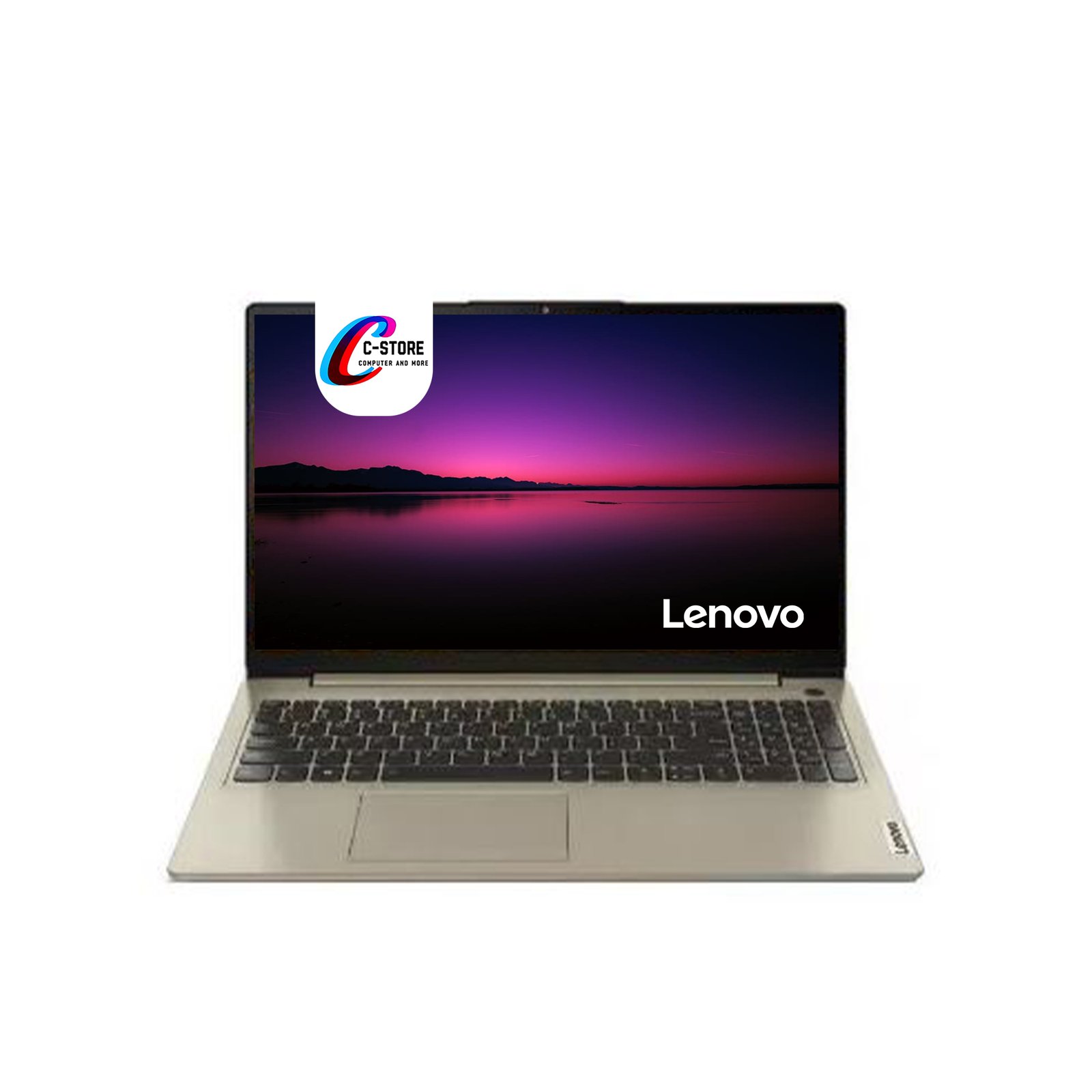 Front view of Lenovo IdeaPad 3 - Core i3-1115G4 laptop with 15.6-inch FHD display featuring a serene sunset background