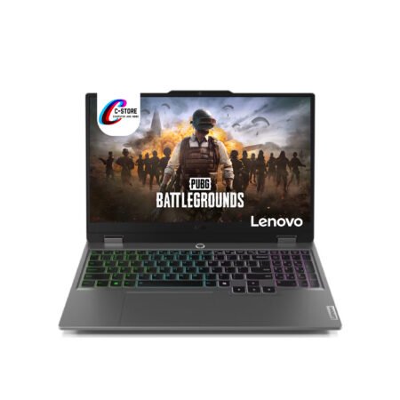 Front view of the Lenovo LOQ Gaming laptop with the display showing a PUBG Battlegrounds scene