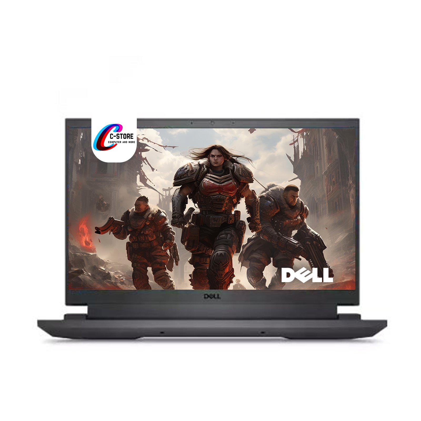 Front view of Dell G15-5520 Gaming Laptop displaying futuristic warrior-themed graphics on screen