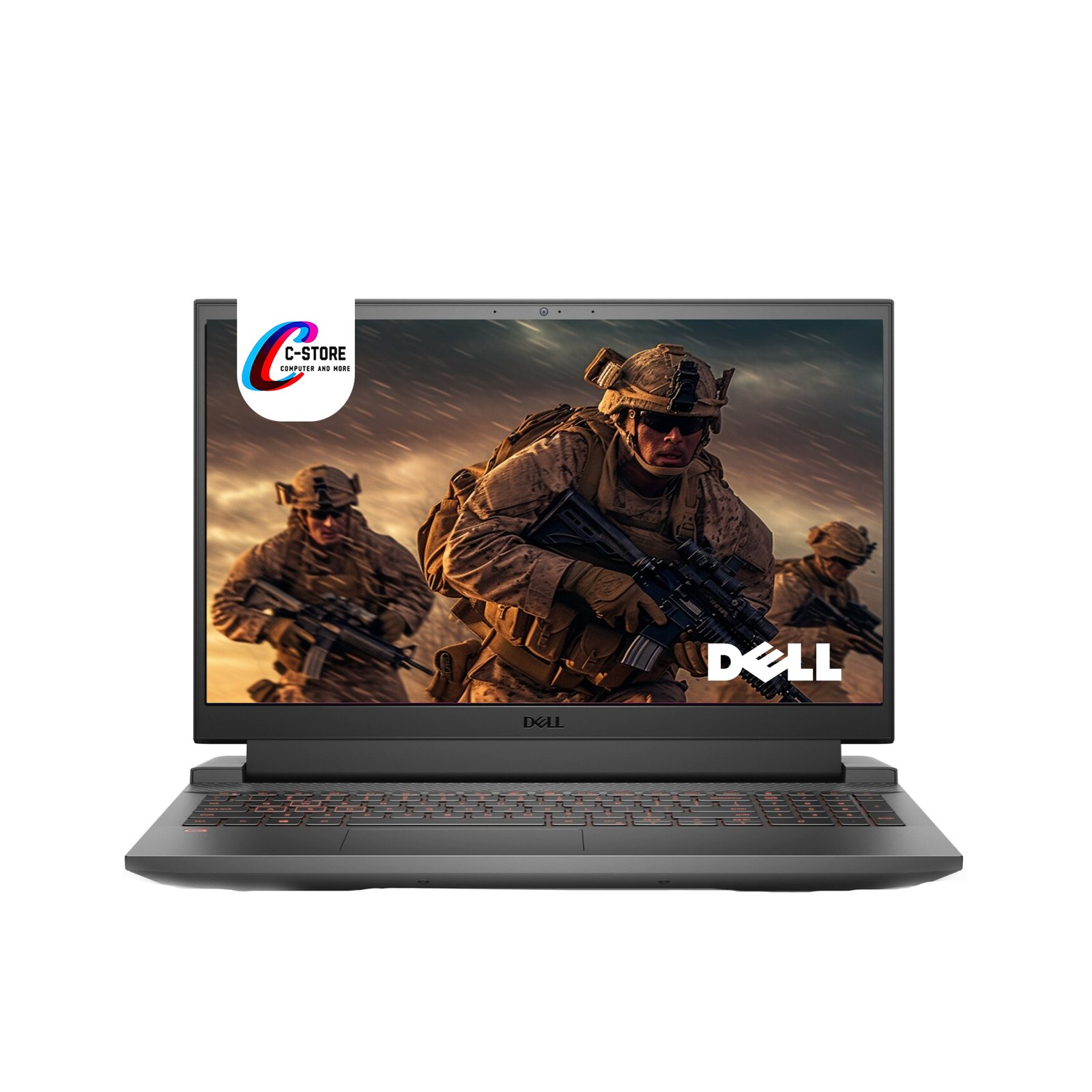 "Front view of Dell G15-5511 Gaming Laptop displaying military-themed graphics on screen