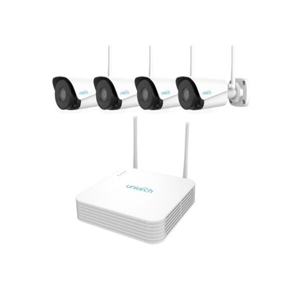 The KIT4 Uniarch-104W-P includes a 4-channel NVR with built-in Wi-Fi and four 2MP IP cameras with night vision up to 30m. It supports Ultra 265/H.265/H.264 formats and allows recording up to 5MP resolution. The cameras are IP67-rated and the NVR can support up to 6TB of storage.