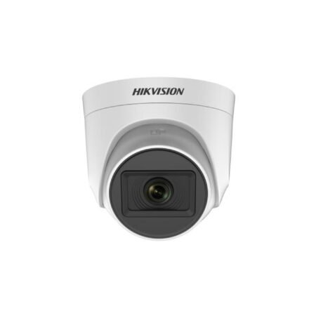 The DS-2CE76D0T-EXIPF is a 2 MP CMOS indoor turret camera, equipped with a 2.8 mm lens providing a 96.5° horizontal FOV. It supports Digital WDR, Smart IR for night vision up to 20 meters, and features multiple video signal compatibility (TVI/AHD/CVI/CVBS). The camera operates reliably under harsh environmental conditions with an operating temperature range from -40°C to 60°C and a plastic housing.