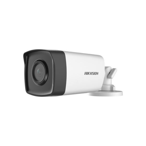 The DS-2CE17D0T-IT3F (6mm) is a 2 MP CMOS outdoor bullet camera, equipped with a 6mm fixed lens providing a 51.9° horizontal FOV. It supports Digital WDR, Smart IR for night vision up to 40 meters, and features multiple video signal compatibility (TVI/AHD/CVI/CVBS). The camera operates reliably under extreme weather conditions with an IP67 ingress protection rating, making it ideal for outdoor installations.