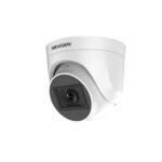 The DS-2CE76H0T-ITPFS (2.8mm) is a 5 MP indoor turret camera that provides 2560 × 1944 resolution with Smart IR technology for up to 20 meters of night vision. The camera features audio over coaxial cable with a built-in microphone, ensuring synchronized video and audio. It supports four video signal formats (TVI, AHD, CVI, CVBS) and includes Digital WDR for enhanced image quality in high-contrast lighting conditions.