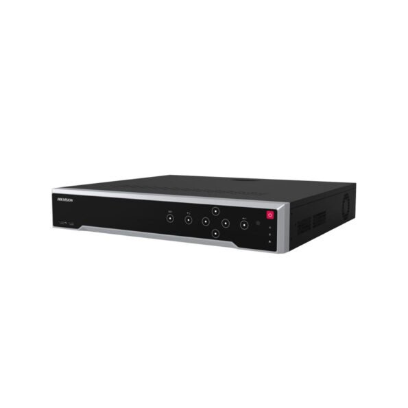 The DS-7716NI-K4 is a 16-channel 4K NVR supporting up to 12 MP IP cameras with 160 Mbps incoming bandwidth, 4 SATA interfaces for large storage capacities, and advanced video compression technologies like H.265+/H.265/H.264/MPEG4. It offers flexible display options through HDMI and VGA outputs, both supporting independent outputs.