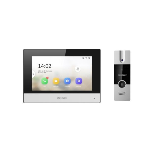 The DS-KIS302-P Hybrid Intercom Kit includes a 7-inch indoor station with a capacitive touch screen and a four-wire analog door station, providing clear 1080p video and convenient management through the Hik-Connect mobile app. With PoE support and easy installation, it's a cost-effective solution for secure home communication. The system supports up to 16 IPC cameras and 15 IP doorphones, offering high audio quality with noise suppression and echo cancellation.