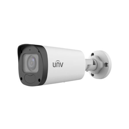 "Angled right-side view of IPC2322LB-ADZK-G 2MP HD IR VF Bullet Network Camera, featuring a motorized zoom lens, built-in microphone, and robust metal construction."
