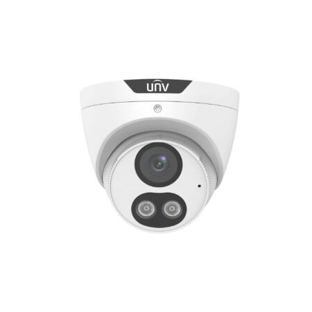 Front view of IPC3615SE-ADF28KM-WL-I0 5MP ColorHunter Fixed Eyeball Network Camera with dual LED lights and built-in microphone.