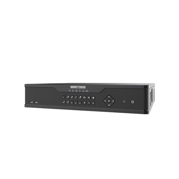 The NVR UNV 304-32X is a feature-rich 32-channel network video recorder with support for Ultra 265, H.265, H.264 compression and 12MP recording. With dual HDMI outputs (up to 4K) and 4 SATA HDD interfaces (up to 10TB each), this NVR is designed for high-capacity, advanced surveillance systems. It supports smart detection features like Face Detection, Vehicle Detection, and Temperature Detection, and provides robust storage with RAID 1 and 5 options.