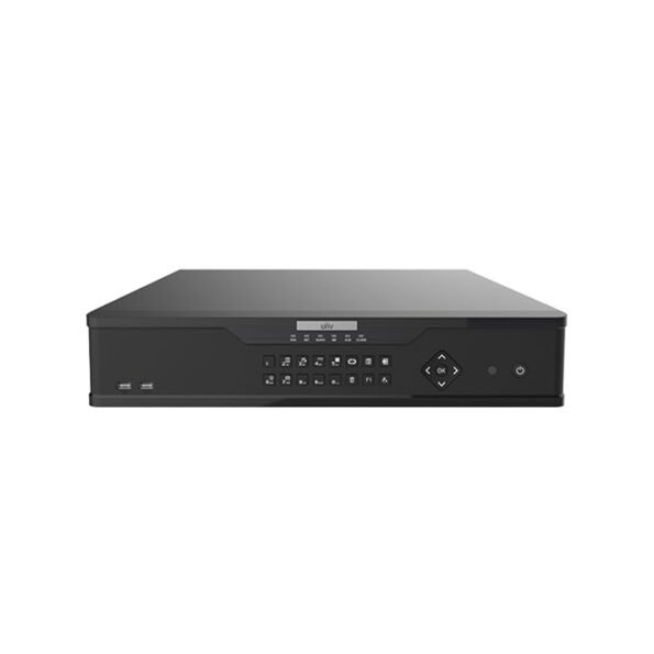 The NVR UNV 304-32X is a feature-rich 32-channel network video recorder with support for Ultra 265, H.265, H.264 compression and 12MP recording. With dual HDMI outputs (up to 4K) and 4 SATA HDD interfaces (up to 10TB each), this NVR is designed for high-capacity, advanced surveillance systems. It supports smart detection features like Face Detection, Vehicle Detection, and Temperature Detection, and provides robust storage with RAID 1 and 5 options.