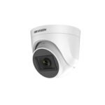 The DS-2CE76D0T-EXIPF is a 2 MP CMOS indoor turret camera, equipped with a 2.8 mm lens providing a 96.5° horizontal FOV. It supports Digital WDR, Smart IR for night vision up to 20 meters, and features multiple video signal compatibility (TVI/AHD/CVI/CVBS). The camera operates reliably under harsh environmental conditions with an operating temperature range from -40°C to 60°C and a plastic housing.