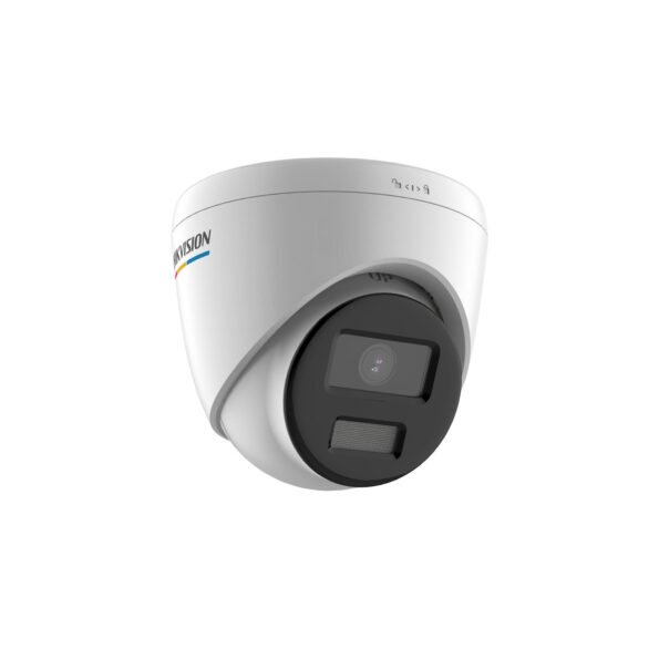 The DS-2CD1327G0-LUF (2.8mm) is a 2 MP turret camera featuring ColorVu technology for 24/7 color imaging, even in low-light environments. It supports Digital WDR and Smart IR, providing night vision up to 30 meters. The camera is IP67-rated for outdoor use, supports H.265+ compression, and includes a built-in microphone for audio recording.