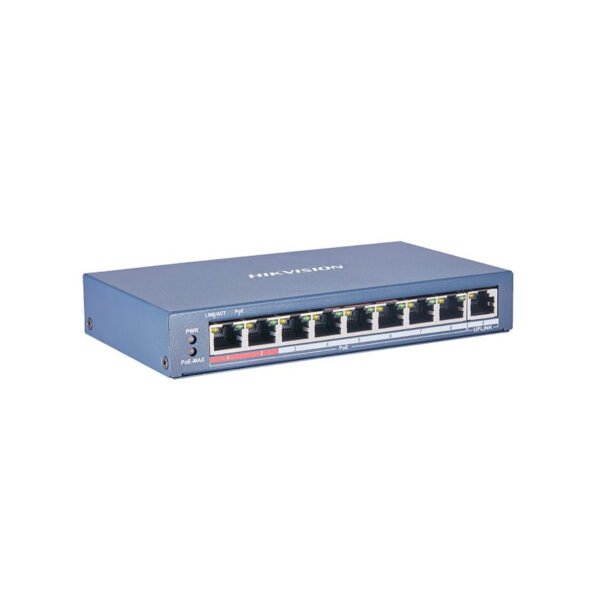 The DS-3E0109P-E(C) is an 8-port Fast Ethernet Unmanaged PoE Switch offering up to 300m PoE transmission with 6KV surge protection and 115W PoE budget.