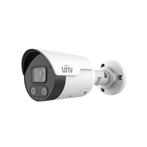 Right angle view of the IPC2122LE-ADF40KMC-WL 2MP HD ColorHunter Mini IR Fixed Bullet Network Camera showing the lens and IR illuminators