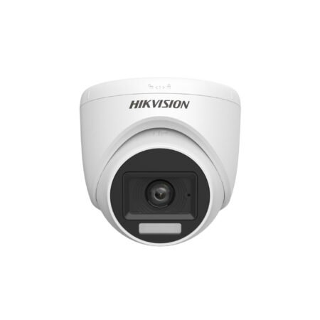 The DS-2CE76D0T-LPFS (2.8mm) is a 2 MP CMOS indoor/outdoor turret camera equipped with a 2.8mm lens providing a 101° horizontal FOV. It supports Smart Hybrid Light technology, offering up to 20 meters of both IR and white light night vision. The camera also includes a built-in microphone for audio recording over coaxial cable and supports multiple video formats (TVI, AHD, CVI, CVBS). With Digital WDR and 2D DNR, it ensures clear images even in challenging lighting conditions. The camera operates in temperatures ranging from -40°C to 60°C and is ideal for versatile security applications.