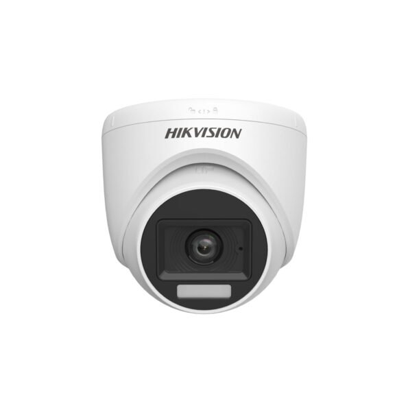 The DS-2CE76D0T-LPFS (2.8mm) is a 2 MP CMOS indoor/outdoor turret camera equipped with a 2.8mm lens providing a 101° horizontal FOV. It supports Smart Hybrid Light technology, offering up to 20 meters of both IR and white light night vision. The camera also includes a built-in microphone for audio recording over coaxial cable and supports multiple video formats (TVI, AHD, CVI, CVBS). With Digital WDR and 2D DNR, it ensures clear images even in challenging lighting conditions. The camera operates in temperatures ranging from -40°C to 60°C and is ideal for versatile security applications.