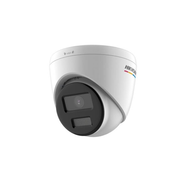 The DS-2CD1327G0-LUF (2.8mm) is a 2 MP turret camera featuring ColorVu technology for 24/7 color imaging, even in low-light environments. It supports Digital WDR and Smart IR, providing night vision up to 30 meters. The camera is IP67-rated for outdoor use, supports H.265+ compression, and includes a built-in microphone for audio recording.