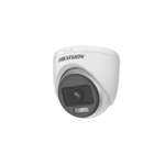 The DS-2CE70DF0T-PF (2.8mm) is a 2 MP ColorVu indoor turret camera equipped with a 2.8mm fixed lens and F1.0 aperture for 24/7 color imaging. It provides up to 20 meters of night-time imaging using white light illumination. The camera supports multiple video formats (TVI, AHD, CVI, CVBS) and is built for reliable indoor operation between -40°C to 60°C.